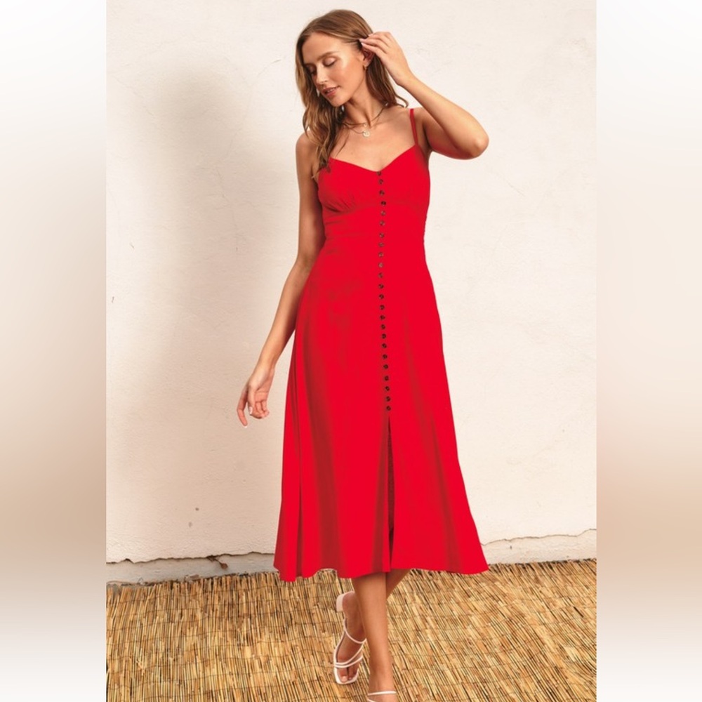 Red Button Front Midi Dress